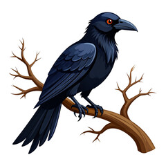 Fototapeta premium Cartoon gothic crow vector perched on a twisted branch with dark sleek feathers, perfect for Halloween, fantasy, and eerie-themed projects. High-quality PNG with detailed design