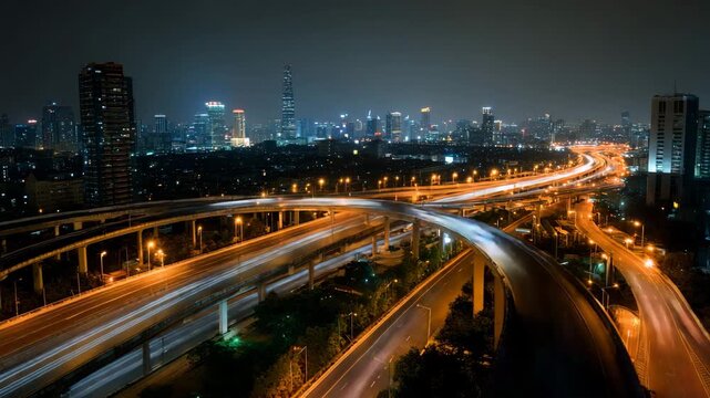 Nighttime urban cityscape aerial view of a complex highway interchange with light trails from moving