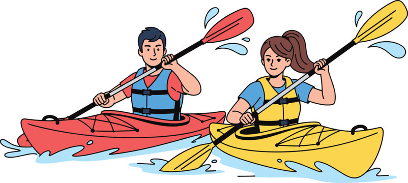Cartoon kayaking, outdoor water sport, male and female paddling, dynamic splash, summer activity, adventure, vector illustration, kayak gear, action, fun - Powered by Adobe