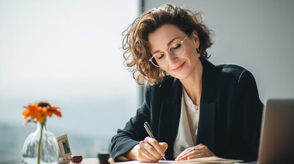 A woman manger in 40s A thoughtful professional diligently writes at her desk bathed in the natural light, conveying the essence of concentration and dedicated pursuit of her work.