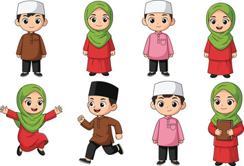 Cartoon Muslim children in traditional Islamic clothing, joyful expressions, educational character set, cultural diversity, flat vector illustration, cad drawing style