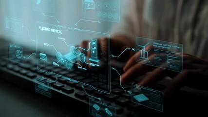 Technical layout of electric vehicle showing battery system, power control, traction motor, charging interface, and integration with renewable and smart energy sources Marrow - Powered by Adobe