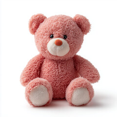 Obraz premium Cute pink teddy bear toy sitting isolated on white background with orange nose