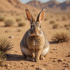 Fototapeta premium desert rabbit sitting on sandy ground 