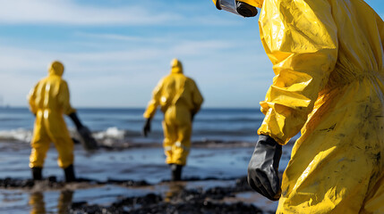 Workers in protective suits clean up an environmental disaster on a beach. The bright yellow suits contrast with the dark, polluted sand, and the blue sea, highlighting the cleanup operation.