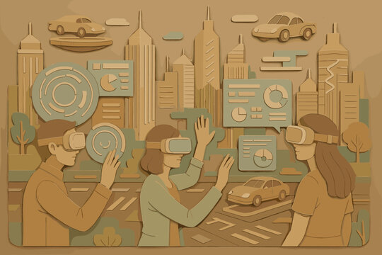 Vr neon cityscape skyscrapers vintage captions bubbles characters icon flat futuristic vector