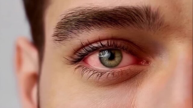 A close-up shot of a male's irritated red eye with conjunctivitis, showing discomfort and inflammation.