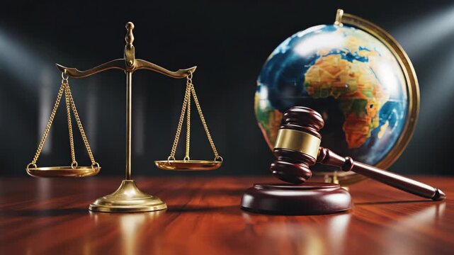 Justice Balance with Globe and Gavel in Professional Setting