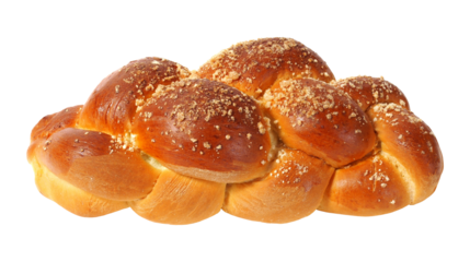 Freshly baked braided challah bread loaf with golden crust and sesame seeds on top, traditional bakery food isolated on transparent background, PNG.