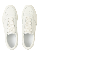 Pair of clean white sneakers with laces viewed from above, minimalist casual footwear design for fashion and sports, isolated on transparent background, PNG.