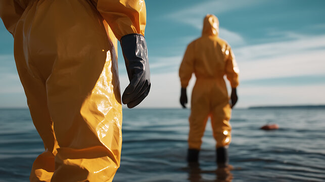 Hazmat team cautiously enters water, protected in yellow suits. They stand vigilant against unseen threats, ensuring safety in the face of the unknown danger.
