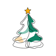 Christmas tree drawn with lines and color accents simple flat style
