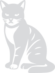 Gray Cat Sitting with a Stern Expression and White Chest, Calm Cat Silhouette for Animal Vector Design
