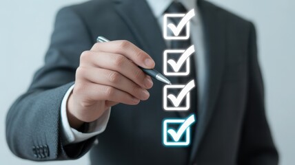 Business executive completing a checklist, signifying progress and achievement. A close-up shot of a business professional marking items off a to-do list, emphasizing focus and detail oriented work.