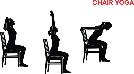 Chair yoga silhouette, seated yoga poses, black vector, wellness exercise, stretching routine, accessible fitness, senior yoga, indoor workout, calm posture
