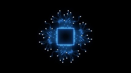 Glowing blue digital circuit board pattern with central processor and radiating lines on black background representing technology innovation data flow artificial intelligence - Powered by Adobe