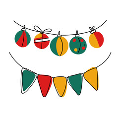 christmas garland with tree decorations, flags and lanterns, line art postcard