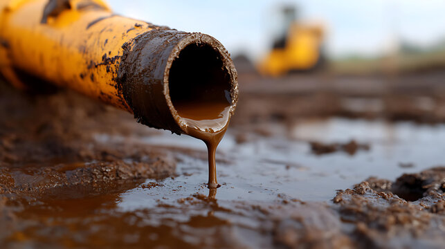Muddy discharge flows from a pipe, impacting the surrounding terrain. The scene captures the raw, earthy nature of a construction site, with a focus on the immediate impact.