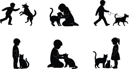 Children with pets silhouette, kids playing with cats and dogs, black vector, emotional bond, pet care, family love, animal interaction