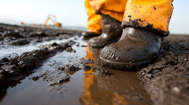 Mucky Mission: Boots navigate mud and puddles during an outdoor task. Reflected light adds dimension to the scene. A blurred construction vehicle suggests ongoing work.