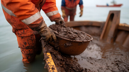 Workers on a muddy boat using a bowl to scoop up sediment, likely for environmental cleanup or research, highlighting labor and the natural environment.