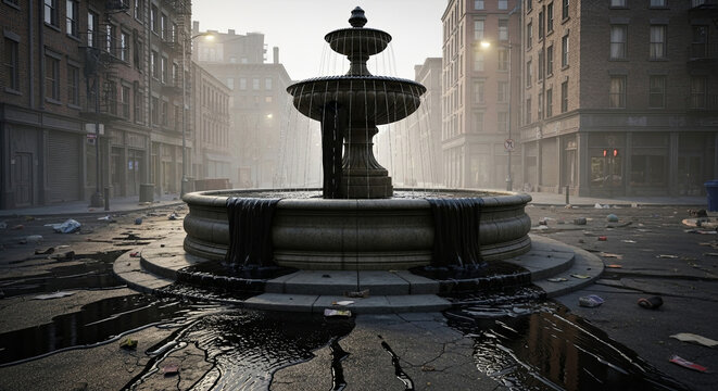 Grimy Urban Fountain Amidst Littered City Street and Dilapidated Buildings on a Hazy Day
