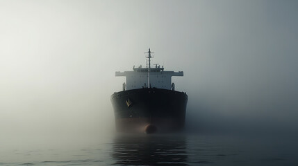 Mysterious ship emerges from the thick fog, its silhouette a haunting presence on the tranquil water, invoking feelings of solitude and adventure on the misty sea.