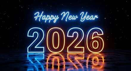 Welcome 2026 with vibrant neon glow, a festive and luminous celebration, casting a mesmerizing reflection, ideal for New Year's greetings and futuristic themes