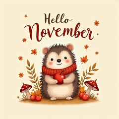 Hello November greeting with cartoon hedgehog in red scarf holding apple, surrounded by mushrooms, berries, and autumn leaves. Warm beige background. Seasonal cards, packaging, social media.