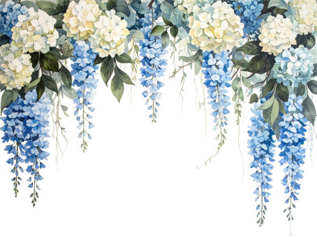 Watercolor illustration of cascading blue and white flowers with green leaves, on black background