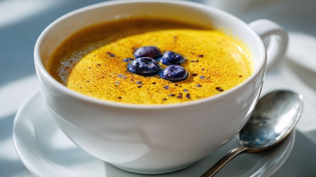 Golden milk turmeric latte with blueberries in white cup on sunny table