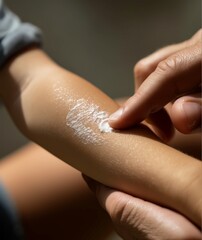 Close-up of a hand gently applying unbranded moisturizer to forearm skin