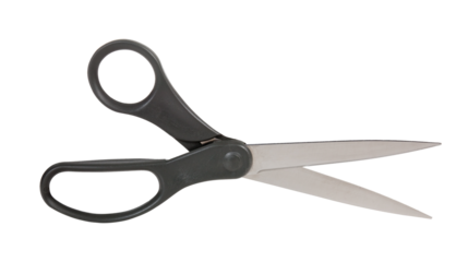 Stainless steel scissors with black plastic handle, sharp cutting tool for office, sewing, or household use, isolated on transparent background, PNG.