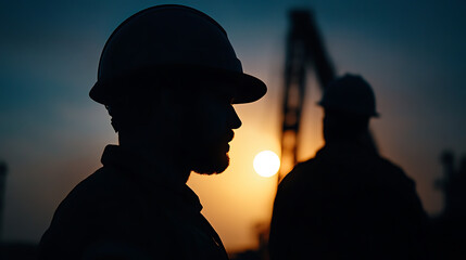 Silhouette of workers in safety helmets against a backdrop of a fiery sunset, evoking themes of industry, labor, and the dedication of those building and maintaining infrastructure.