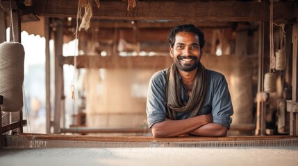 Portrait of Indian Weaver Smiling Proudly While Working at Traditional Loom in Rustic Workshop
