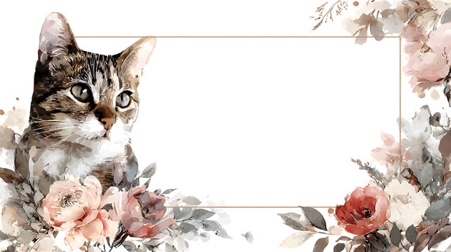 Watercolor cat portrait frame, thin pastel border, floral accents around edges, blank center for photo or message, elegant digital art style. - Powered by Adobe