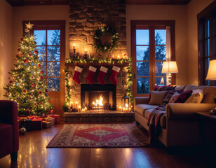 Cozy Christmas Living Room with Fireplace and Decorated Tree