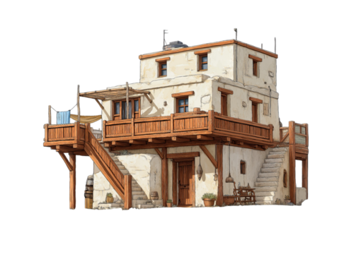 Traditional desert house with wooden balcony isolated on a transparent background