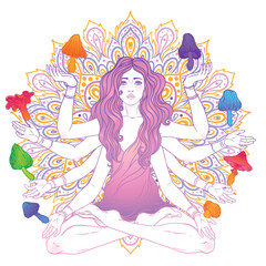 Vector illustration of a multi-armed goddess sitting in lotus pose surrounded by mushrooms. Spiritual and psychedelic concept inspired by Lakshmi, symbolizing harmony, nature, and inner awakening.