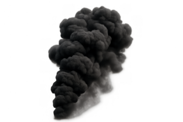 Black smoke plume ascending, depicting pollution, fire, burning, explosion, or contamination on transparent background