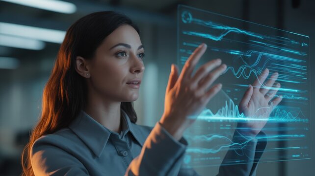 Visionary Interface: A woman interfaces with cutting-edge technology, her hands interacting with an ethereal holographic display showcasing dynamic data analytics in a modern, innovative setting.