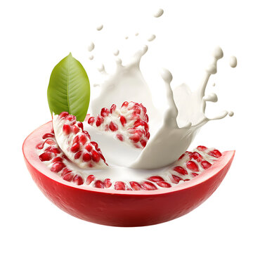 Fresh delicious marang fruits milk splash ripe pomegranate arils healthy organic refreshment isolated on transparent background