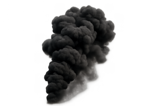 Black smoke plume ascending, depicting pollution, fire, burning, explosion, or contamination on transparent background