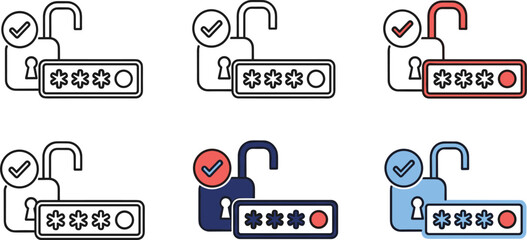 Set of icons illustrating password security and account access, featuring unlocked padlocks and starfilled password fields