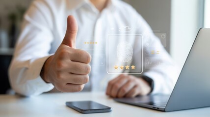 A person giving the thumbs up and showing a rating system, with a laptop and phone
