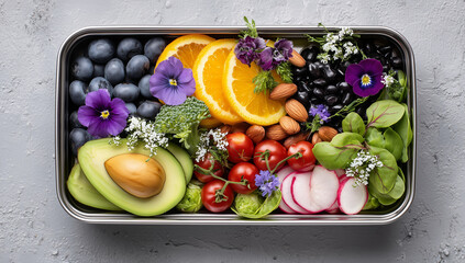 A vibrant assortment of fresh fruits, vegetables, and nuts in a metal tray