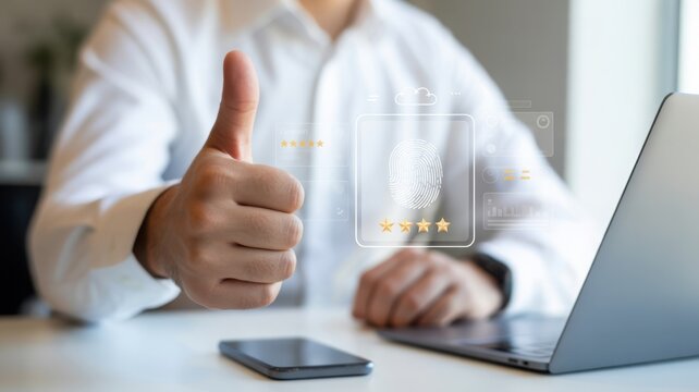A person giving the thumbs up and showing a rating system, with a laptop and phone