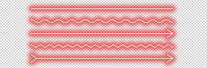 A set of five neon red lines with different shapes on a transparent background, including straight, wavy, and arrow lines