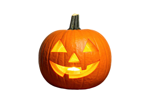 Carved jack-o'-lantern with a glowing face against a stark black background