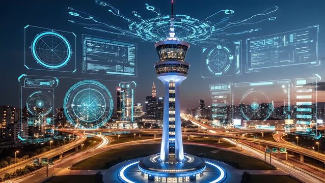 Advanced Control Center Tower Overlooking a Modern Metropolis with Digital Interfaces